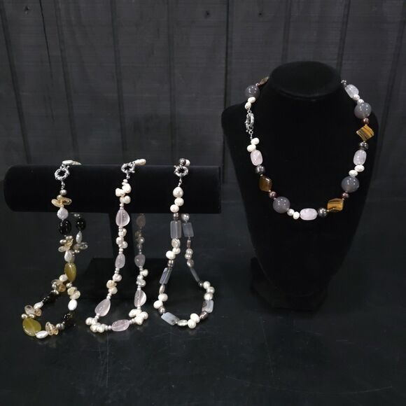 (4) Gemstone Agate Chunky Necklaces Set Statement Tigers Eye Pearls Rose Quartz - Picture 9 of 16